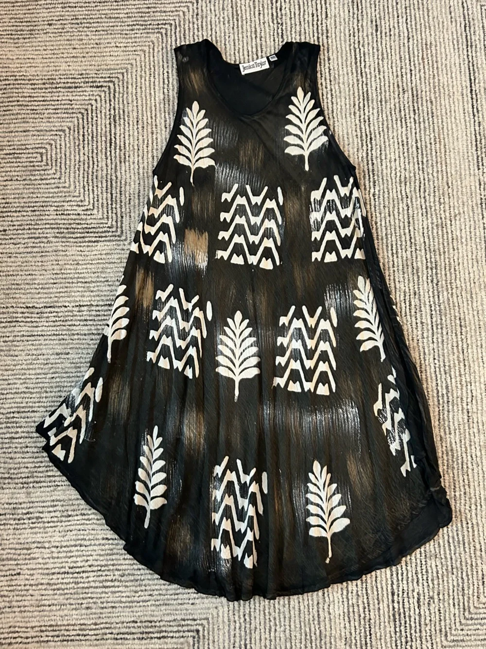 Jessica Taylor One Size Rayon Black Dress White Tribal Leaf Print Boho